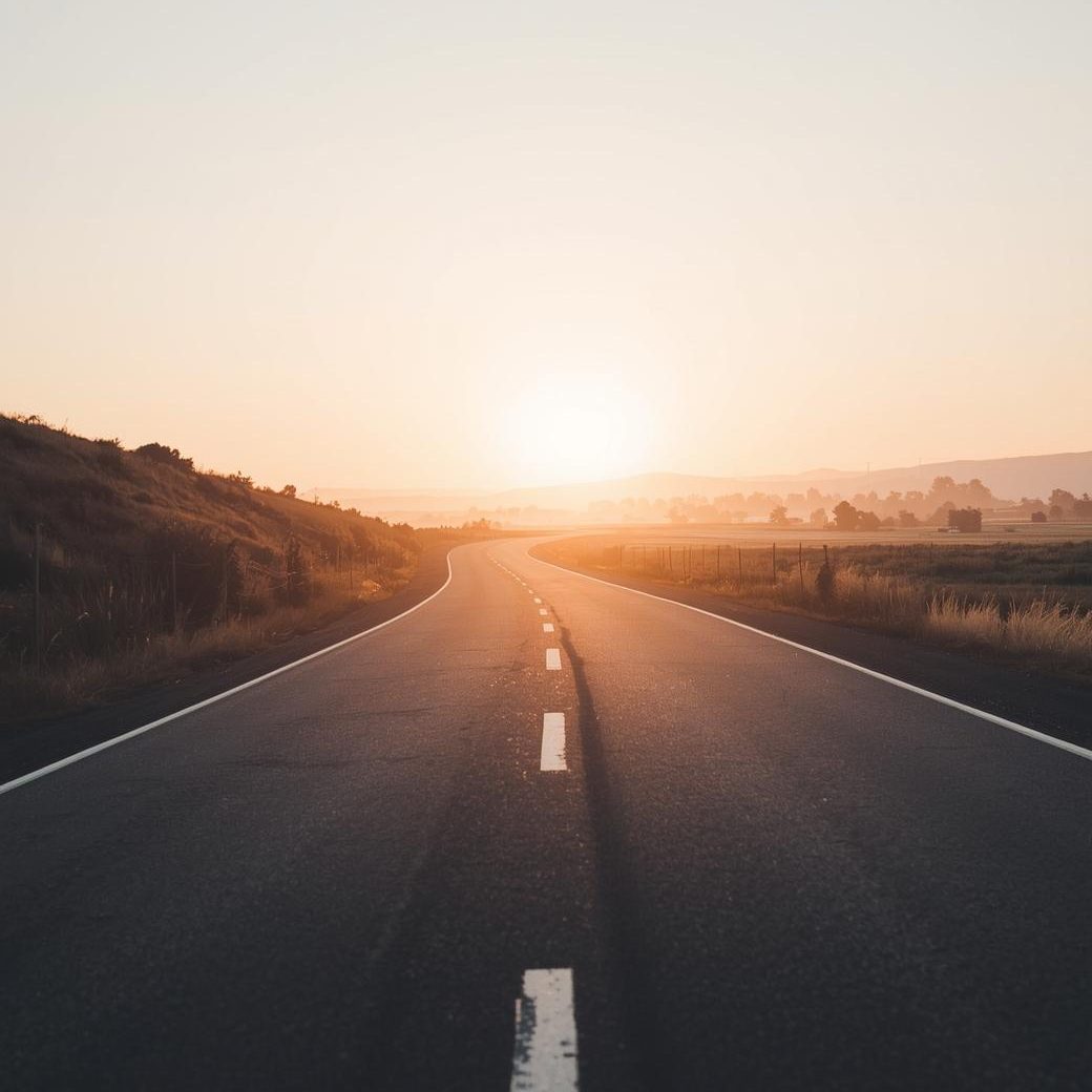 A minimalistic photo of a winding road at sunrise, golden light on the horizon, symbolizing new beginnings and choices, soft tones, natural landscape, inspirational mood. A minimalistic photo of a winding road at sunrise, golden light on the horizon, symbolizing new beginnings and choices, soft tones, natural landscape, inspirational mood.